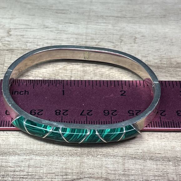 Vintage Mexico Taxco Sterling Silver Malachite Hinged Bangle Bracelet Signed 925 - Picture 12 of 14